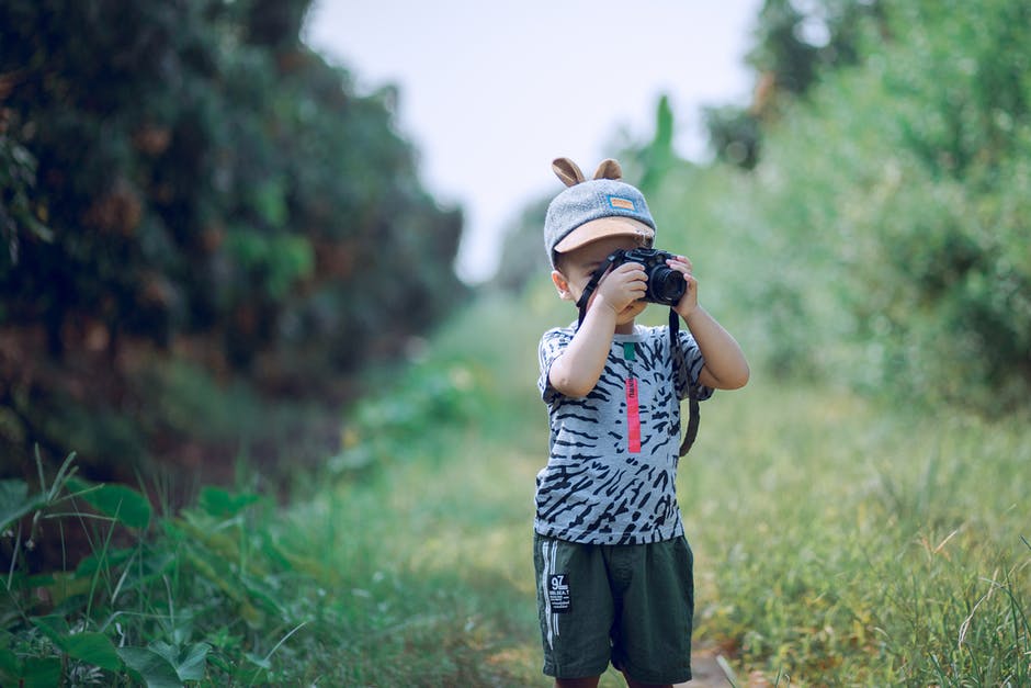 在绿叶植物附近使用相机的男孩