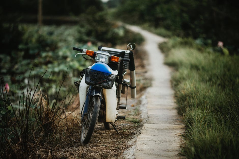 白色和黑色摩托车踏板停在绿草地附近的路径上的选择性聚焦摄影