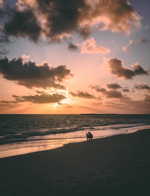 日落时两个人在海边的剪影