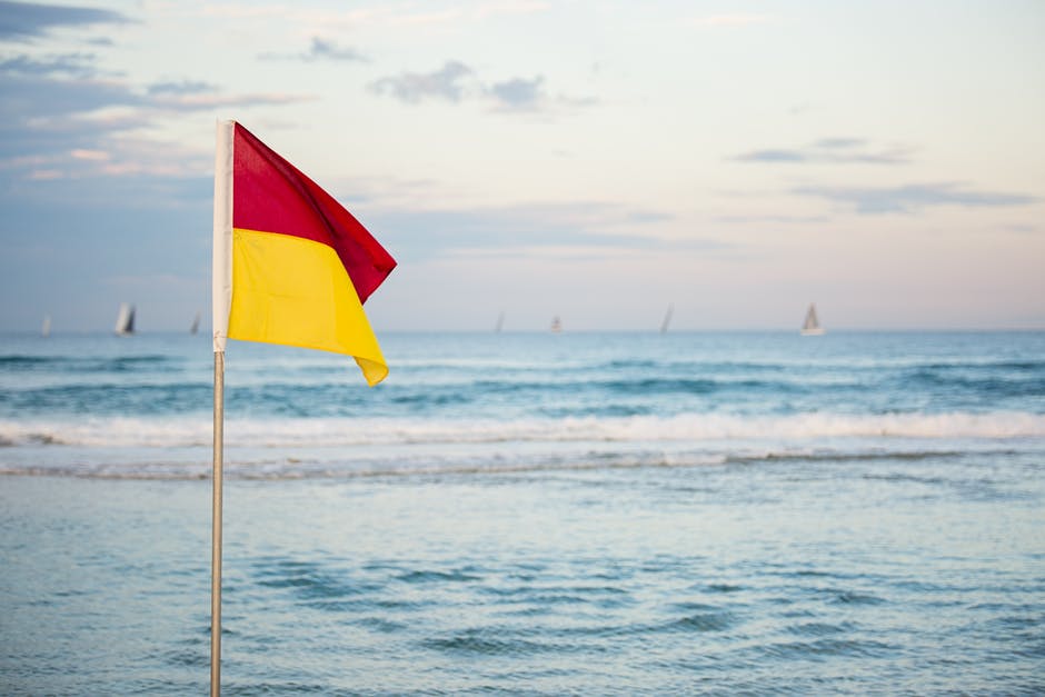 红旗和黄旗站在海滩附近