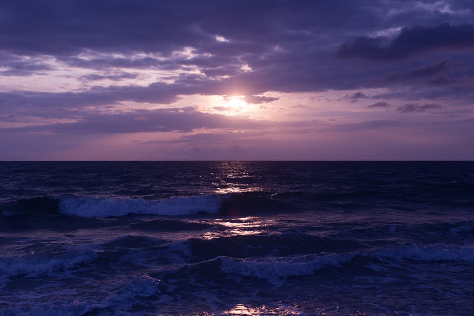 日落时蓝海和乌云的照片