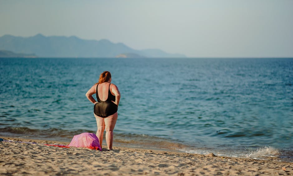 一位身穿黑色泳衣的妇女站在海边的照片
