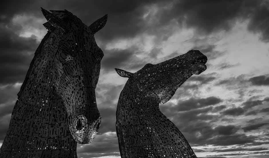 两匹马雕像的灰度摄影